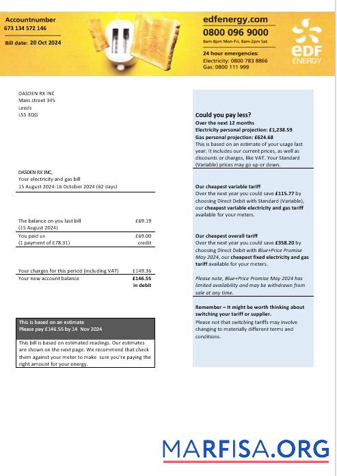 Blank United Kingdom EDF Energy electricity and gas business utility bill Word and PDF formats, version 2 sample